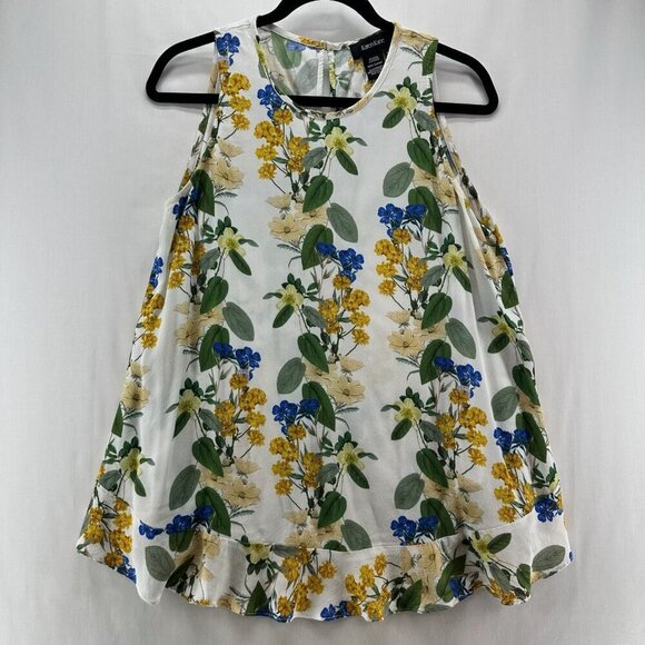 Kane Tops - Karen Kane Ruffle Hem Tank Top Women M Round Neck Sleeveless Floral White Yellow